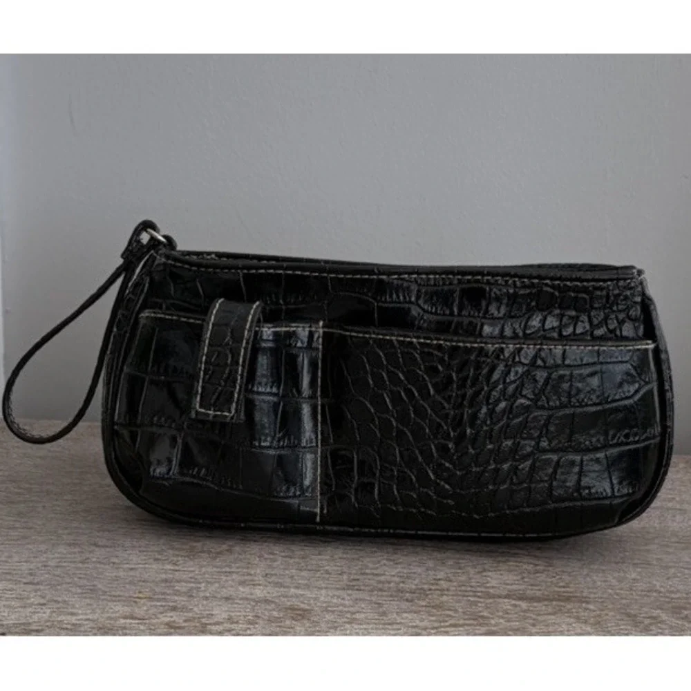 Women's Black Faux Crocodile Wristlet Wallet w/ Organization Makeup Accessories
